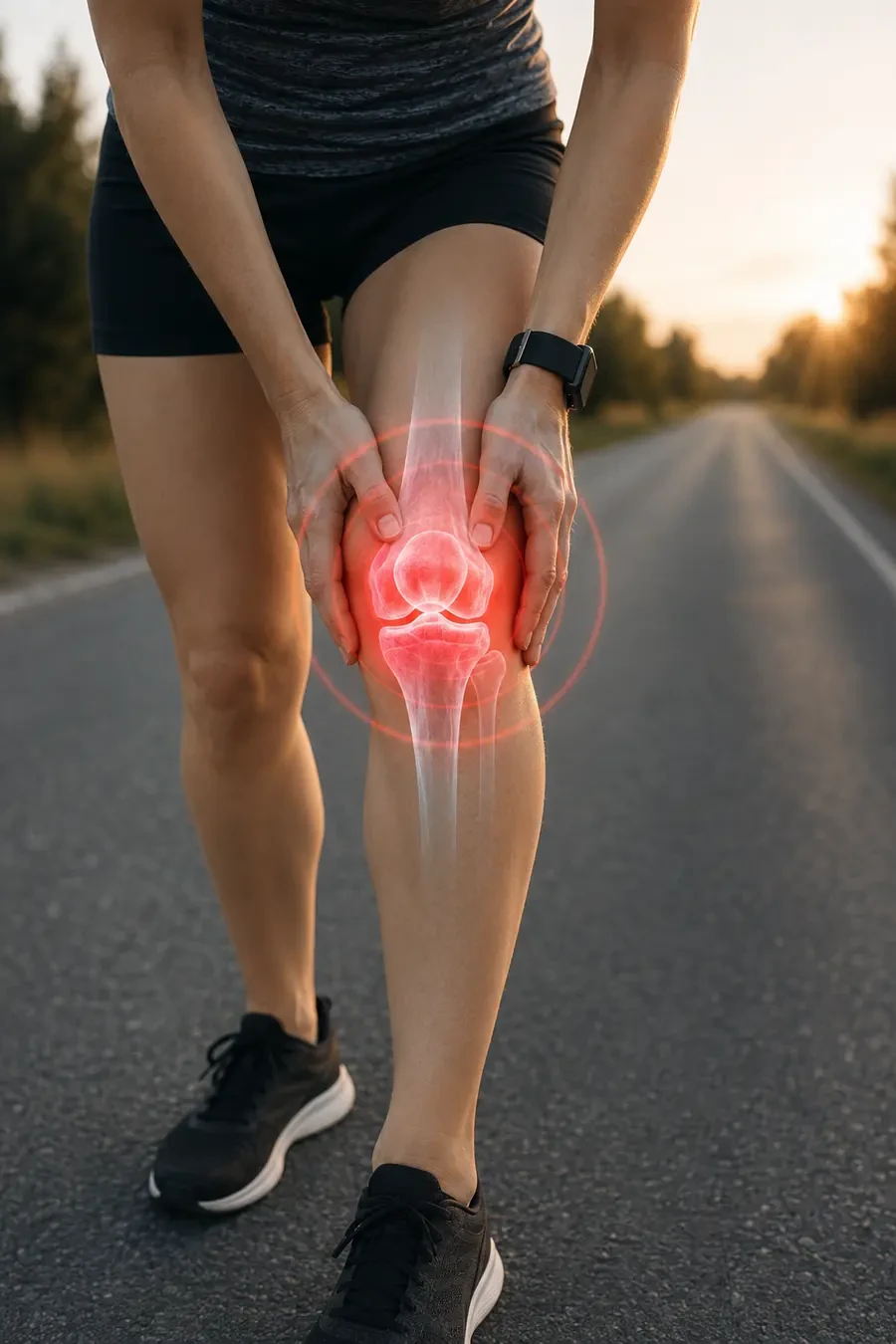 Läuferin hält sich das schmerzende Knie, das Kniegelenk ist hervorgehoben